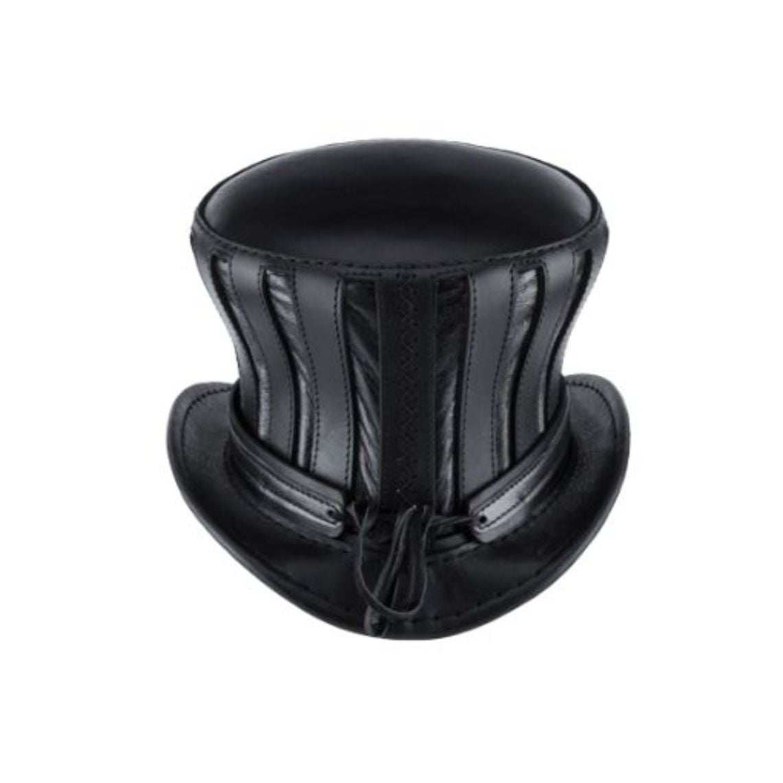 Rear view of black Victorian-inspired leather top hat showing sculpted panel crown construction.