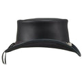 Rear view of black leather steampunk top hat showcasing curved brim profile and adjustable lace closure.