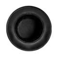 Top view of black leather steampunk top hat showing wide flat brim and structured crown construction.