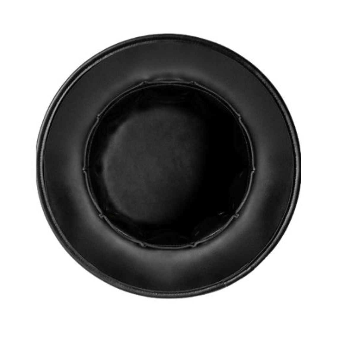 Top view of black leather steampunk top hat showing wide flat brim and structured crown construction.