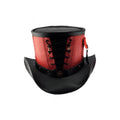 Rear view of genuine leather steampunk top hat showing corset-style lacing and premium handcrafted construction.