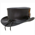 Rear angled view of a black leather western top hat with adjustable lace detail and premium leather finish.