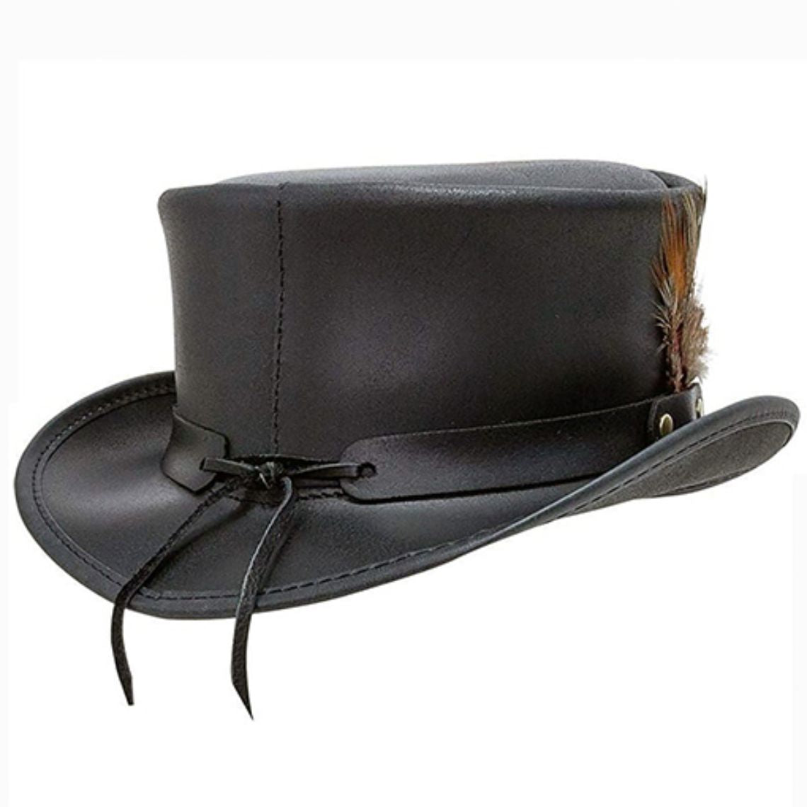 Rear angled view of a black leather western top hat with adjustable lace detail and premium leather finish.