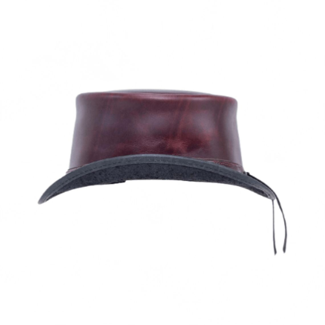 Rear view of burgundy leather steampunk top hat showcasing curved black brim and handcrafted leather construction.