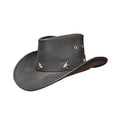 Side profile of mens black leather cowboy hat with decorative silver star hatband and wide brim.