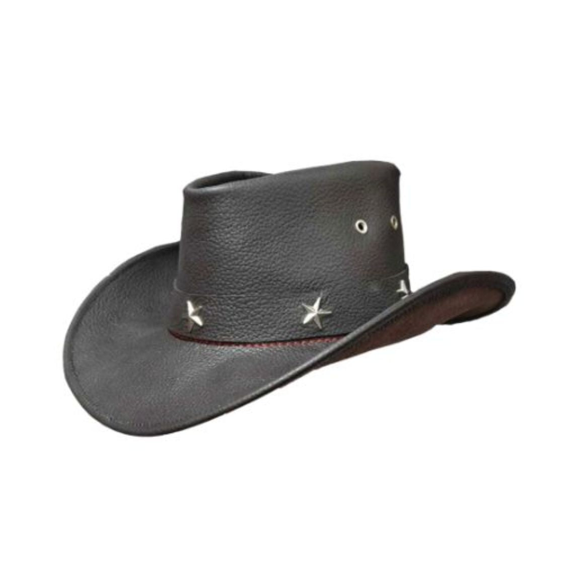 Side profile of mens black leather cowboy hat with decorative silver star hatband and wide brim.