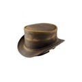 Angled view of distressed leather steampunk top hat showcasing premium craftsmanship and antique brown finish.