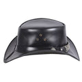 Black Western Leather Cowboy Hat Profile View with Skull Accents and Curved Brim