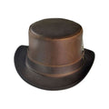 Rear angled view of brown distressed leather top hat featuring premium leather craftsmanship and classic silhouette.