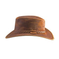 Side profile of distressed brown leather outback hat with structured crown and classic western styling.