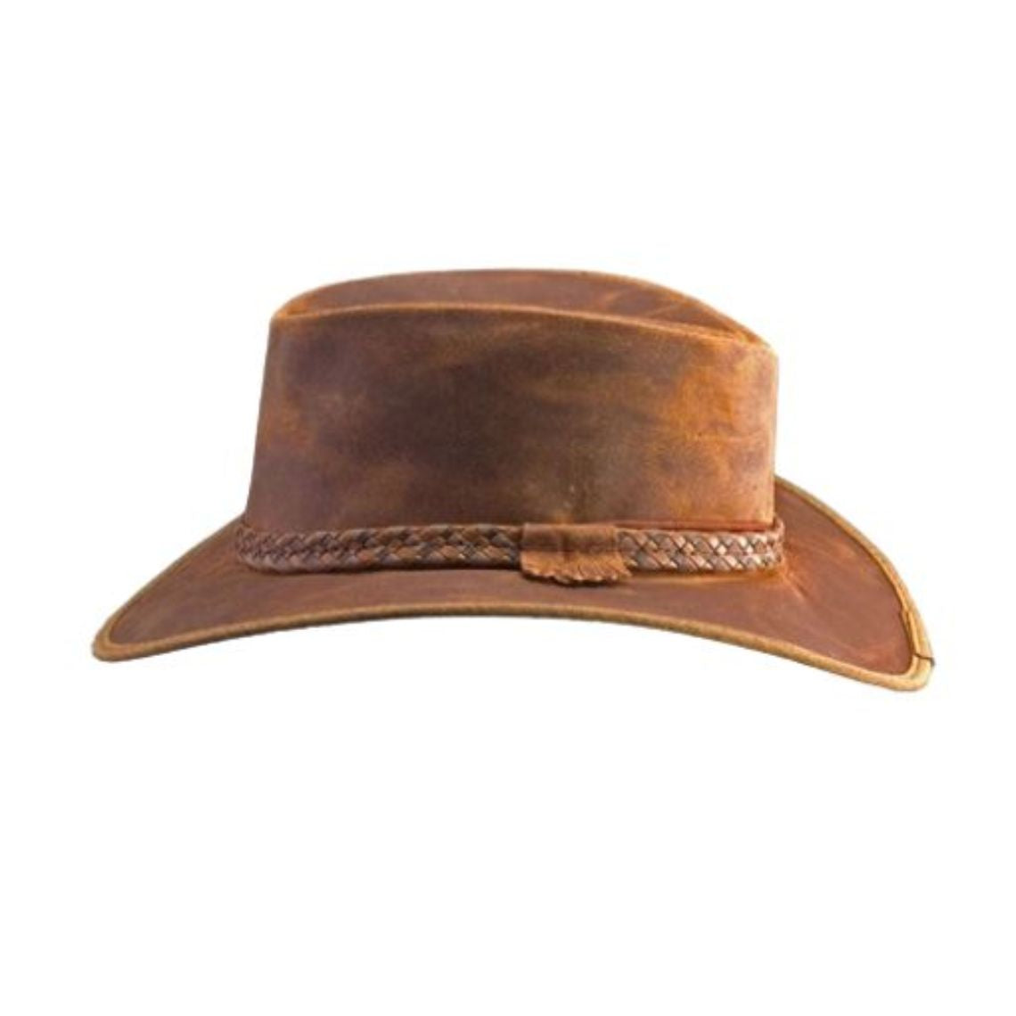 Side profile of distressed brown leather outback hat with structured crown and classic western styling.