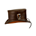 Side view of distressed brown leather top hat featuring decorative feather detail and adjustable lace closure.