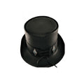 Rear view of a black leather steampunk top hat with diamond concho band and lace adjustment detail.