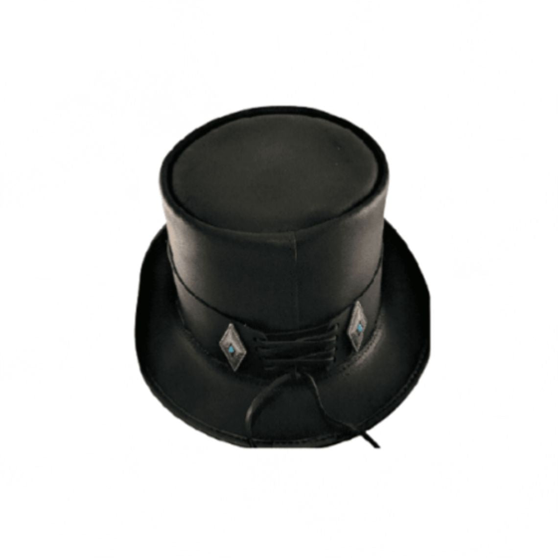 Rear view of a black leather steampunk top hat with diamond concho band and lace adjustment detail.