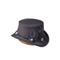 Rear side view of gothic leather top hat showcasing flame pattern design, skull accents, and adjustable fit.