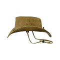 Rear view of mens tan suede leather outback hat with breathable crown design and adjustable chin cord.