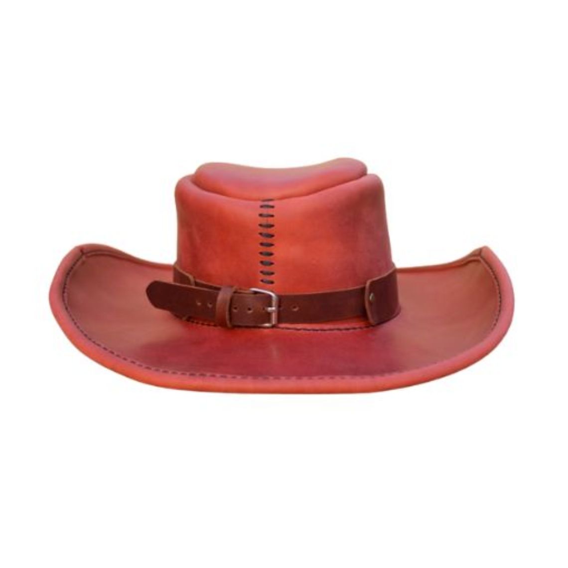 Mens Vintage Red Leather Cowboy Hat Crimson Frontier Edition front view with brown leather hatband