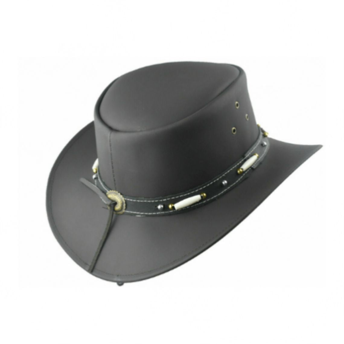 Mens Vintage Western Leather Cowboy Hat Rear Side View with Decorative Hatband