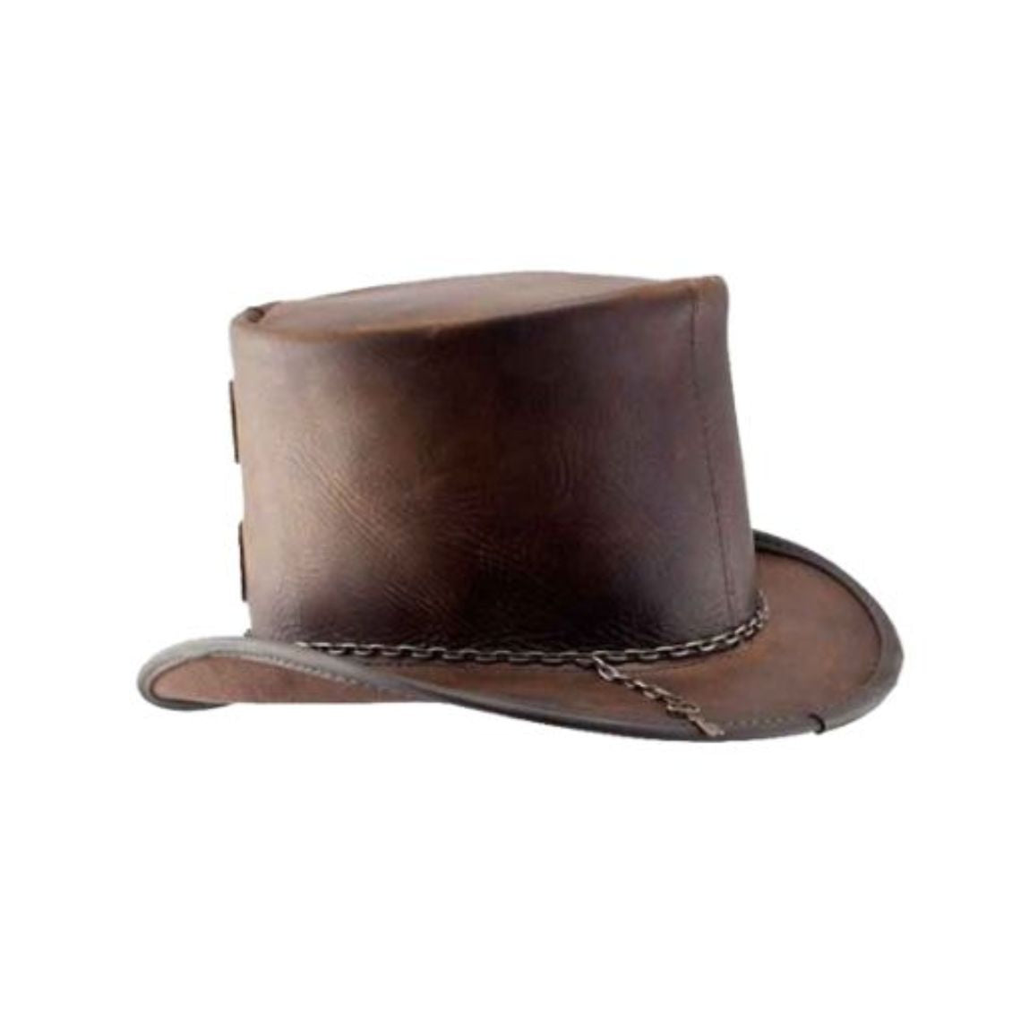 Side profile of handcrafted brown leather steampunk top hat with curved brim and vintage-inspired design.