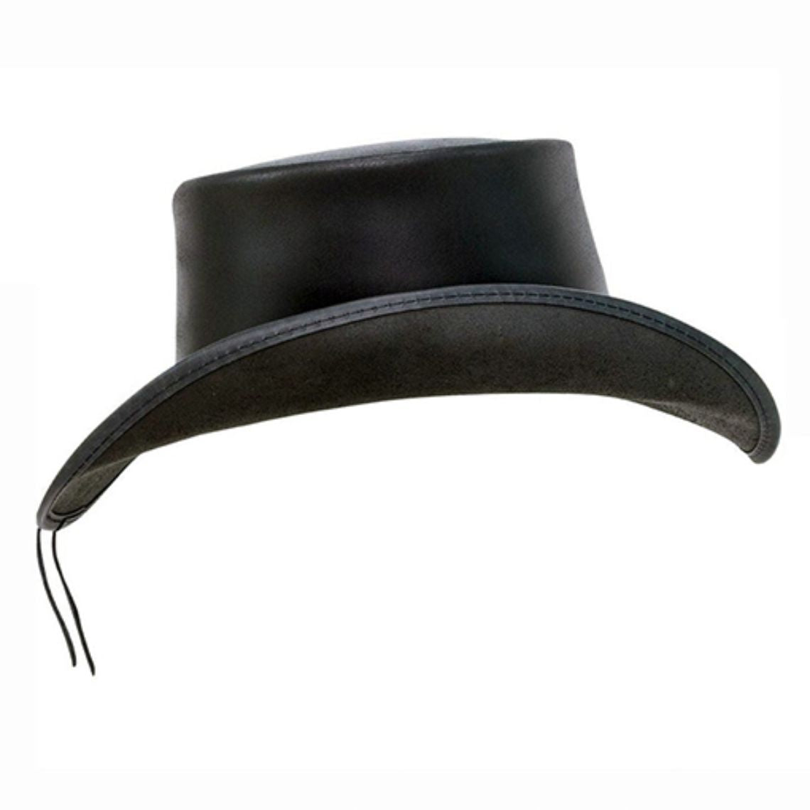 Side profile of genuine leather western top hat showing wide curved brim and premium black finish.