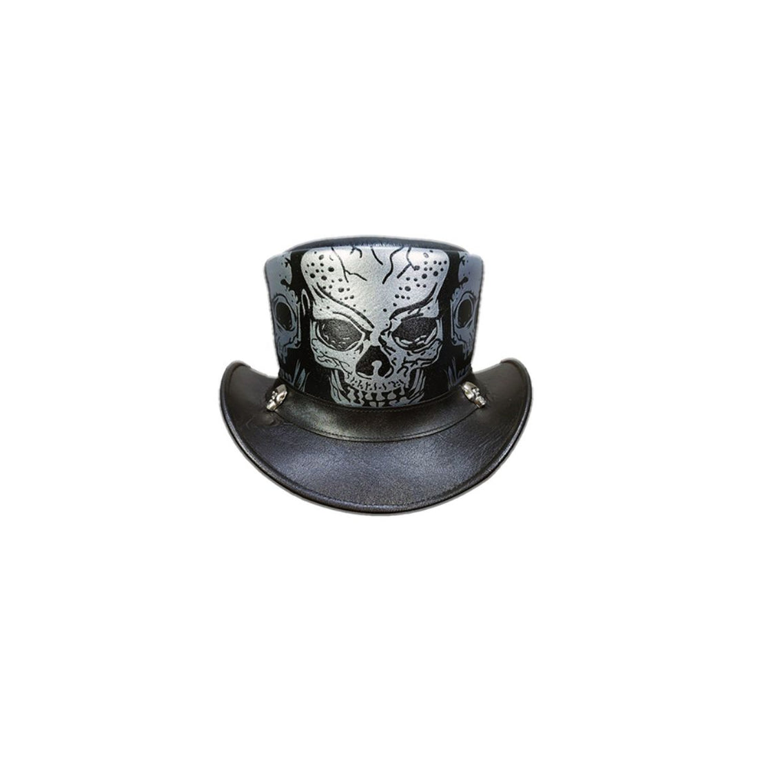 Front view of a black leather biker top hat showcasing detailed skull graphics and curved brim styling.