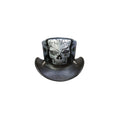 Front view of a black leather biker top hat showcasing detailed skull graphics and curved brim styling.