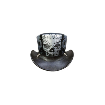 Front view of a black leather biker top hat showcasing detailed skull graphics and curved brim styling.