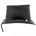 Side profile of black leather Western top hat with silver concho band, curved brim, and adjustable lace closure.