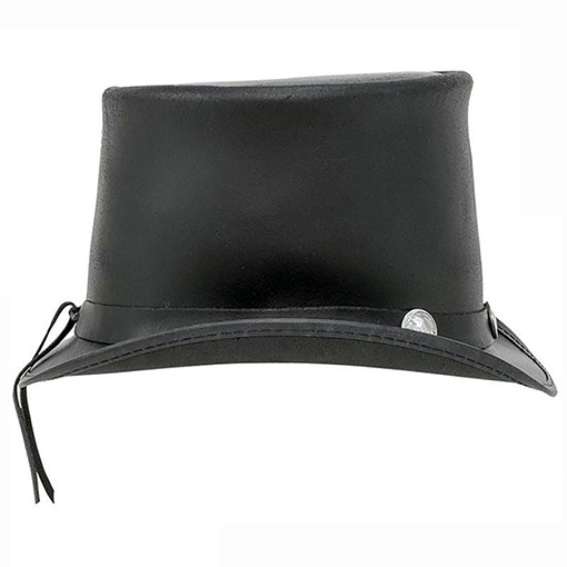Side profile of black leather Western top hat with silver concho band, curved brim, and adjustable lace closure.