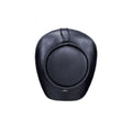 Top view of black leather gothic top hat showcasing structured crown, curved brim, and adjustable fit design.