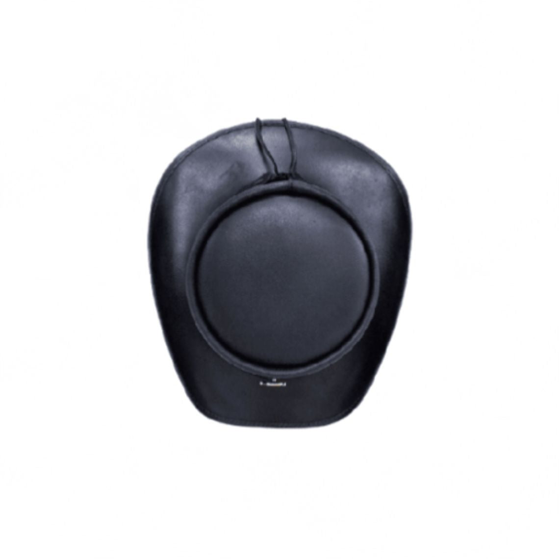 Top view of black leather gothic top hat showcasing structured crown, curved brim, and adjustable fit design.