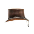 Profile view of handcrafted brown leather top hat with Victorian-inspired curved brim and chain detailing.
