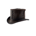 Angled side view of vintage brown leather top hat showcasing decorative lace-up accents and structured crown.