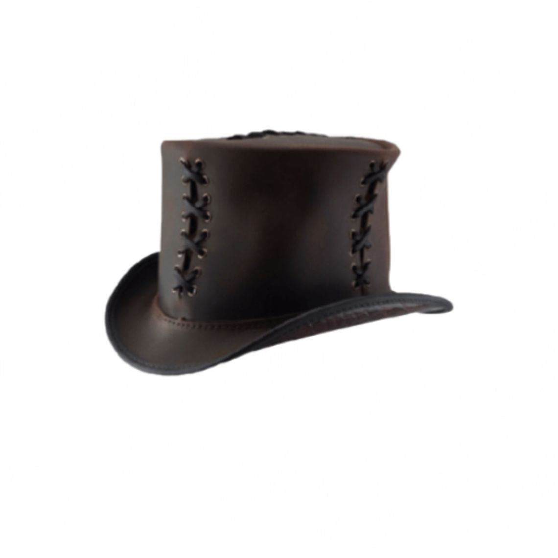 Angled side view of vintage brown leather top hat showcasing decorative lace-up accents and structured crown.