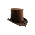 Angled view of handcrafted brown leather steampunk top hat with vintage-inspired feather embellishment.