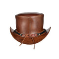 Rear view of handcrafted brown leather top hat featuring riveted band details and adjustable fit system.