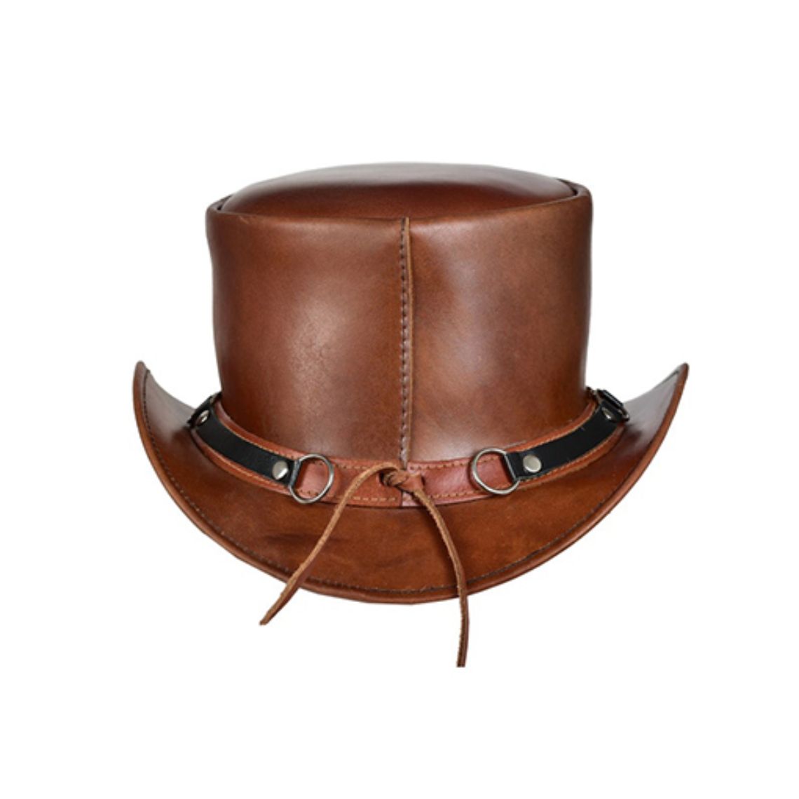 Rear view of handcrafted brown leather top hat featuring riveted band details and adjustable fit system.