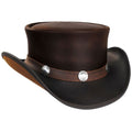 Angled view of genuine leather western top hat featuring a brown hatband with polished metal conchos.