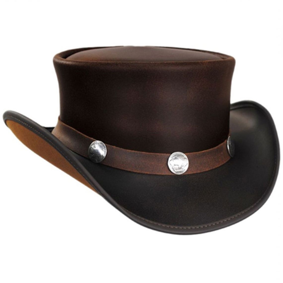 Angled view of genuine leather western top hat featuring a brown hatband with polished metal conchos.