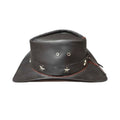 Rear view of black leather cowboy hat showcasing silver star details, ventilation eyelets, and western styling.