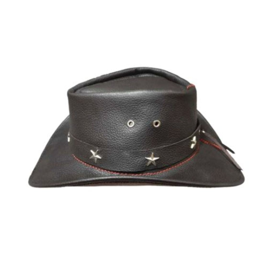 Rear view of black leather cowboy hat showcasing silver star details, ventilation eyelets, and western styling.