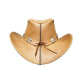 Rear view of mens tan leather cowboy hat with eagle concho hatband, decorative lacing detail, and wide western brim.