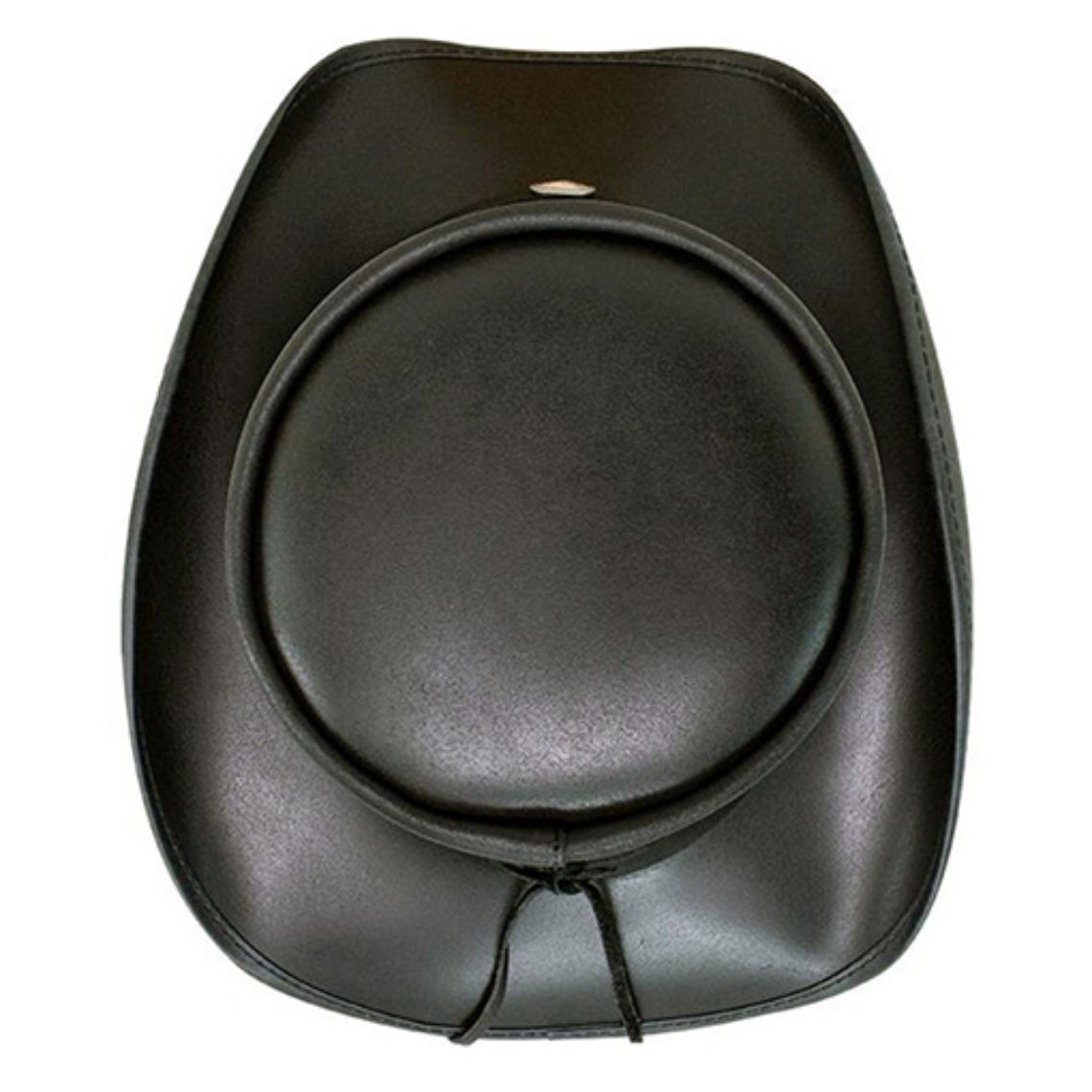 Top view of black leather western top hat displaying structured crown and adjustable lace closure.