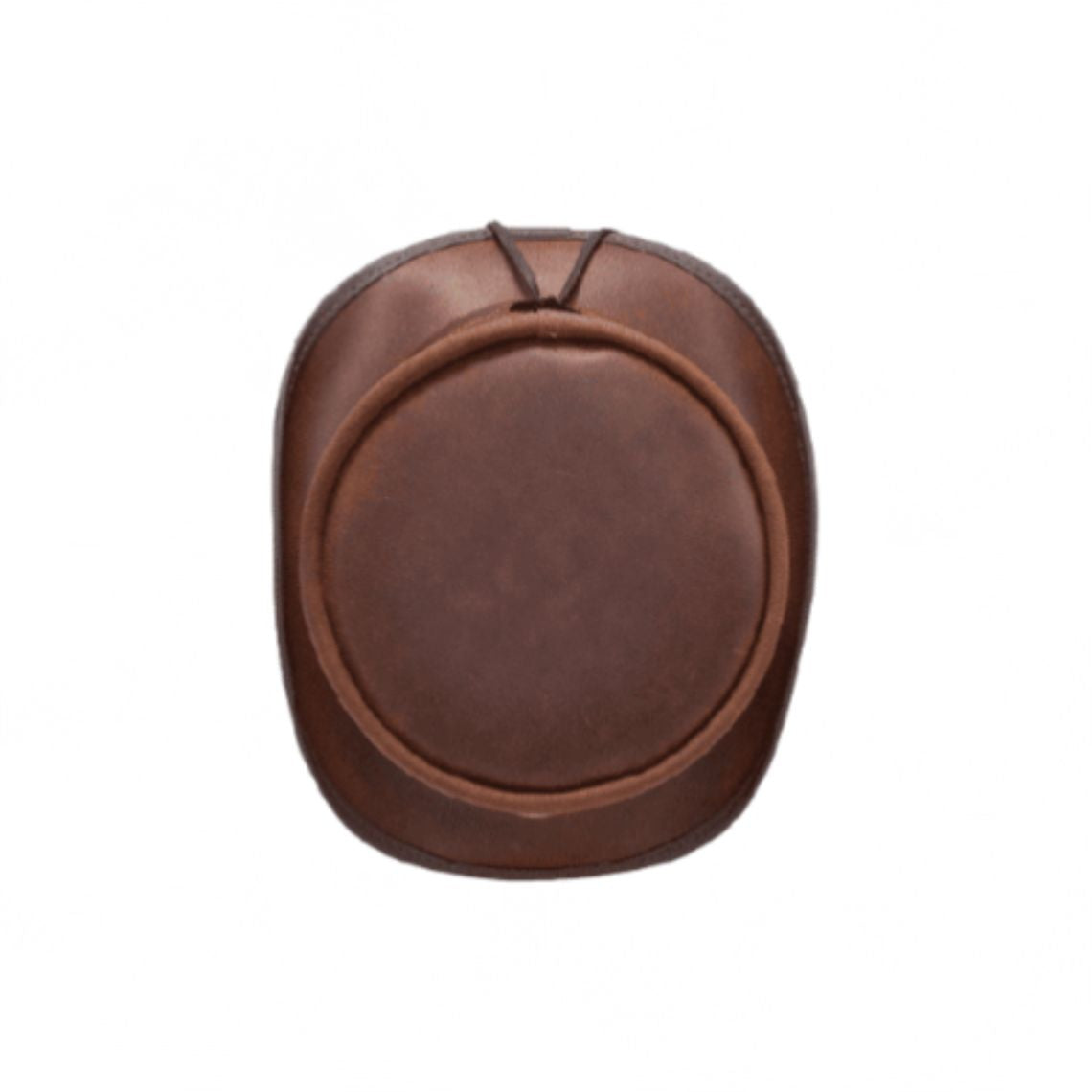 Top view of brown leather Victorian-style top hat displaying premium handcrafted leather construction.