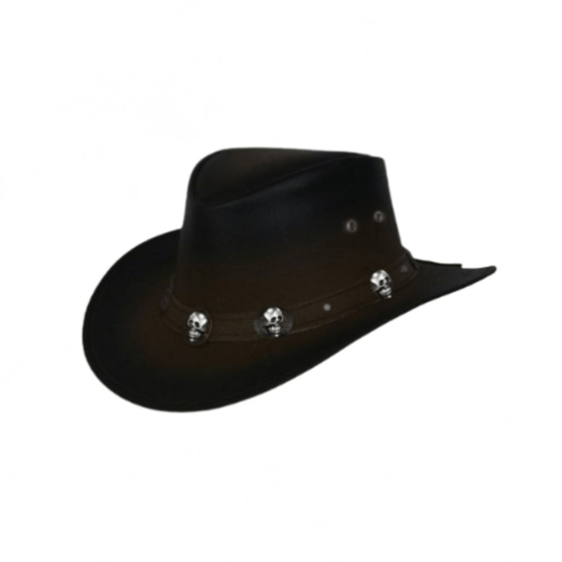 Mens Black Leather Skull Cowboy Hat Midnight Outlaw Edition with Metallic Skull Hatband and Wide Western Brim