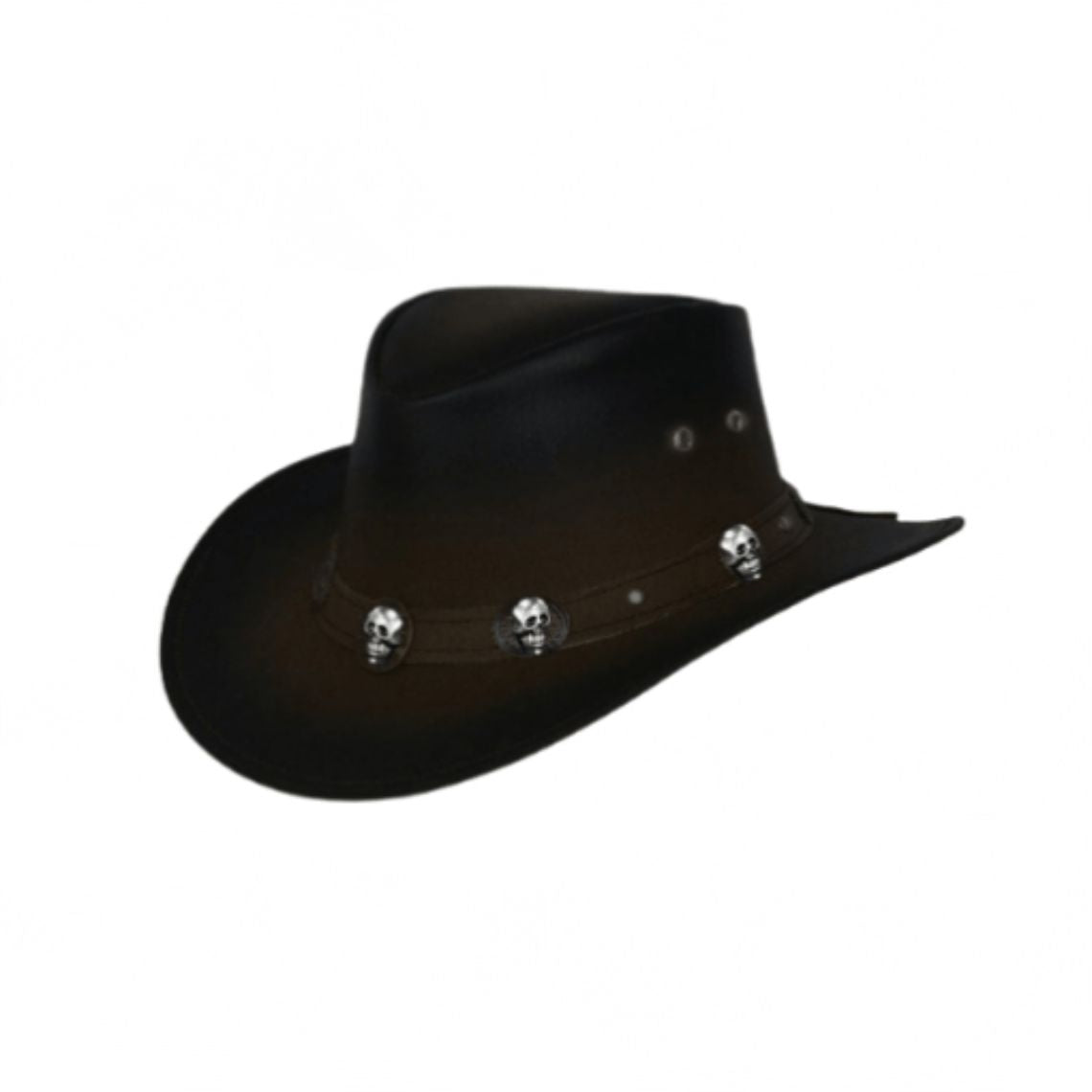 Mens Black Leather Skull Cowboy Hat Midnight Outlaw Edition with Metallic Skull Hatband and Wide Western Brim