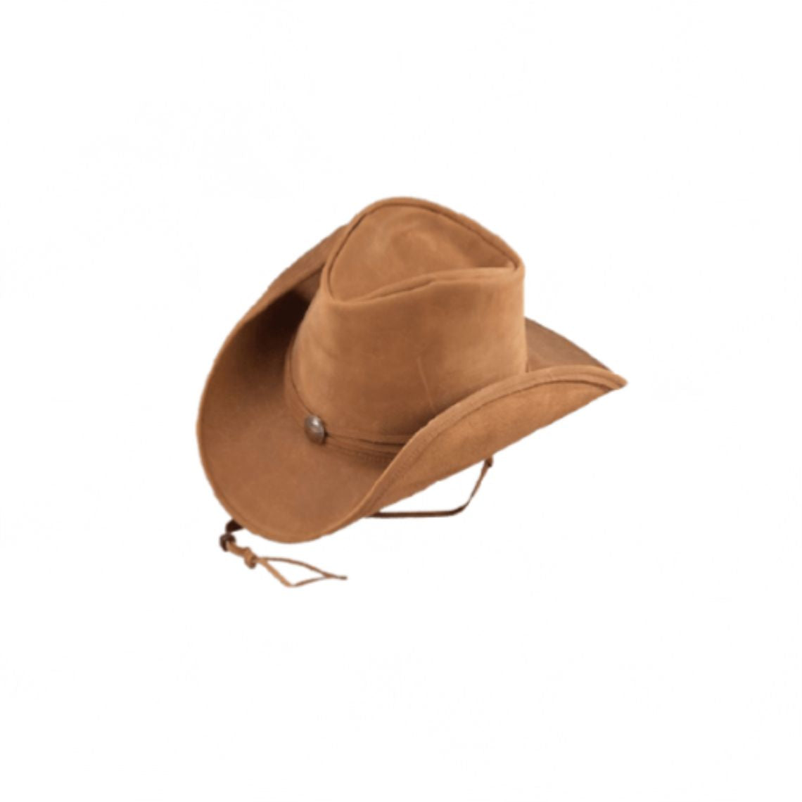 Mens lightweight tan leather cowboy hat with adjustable chin strap and classic western curved brim.