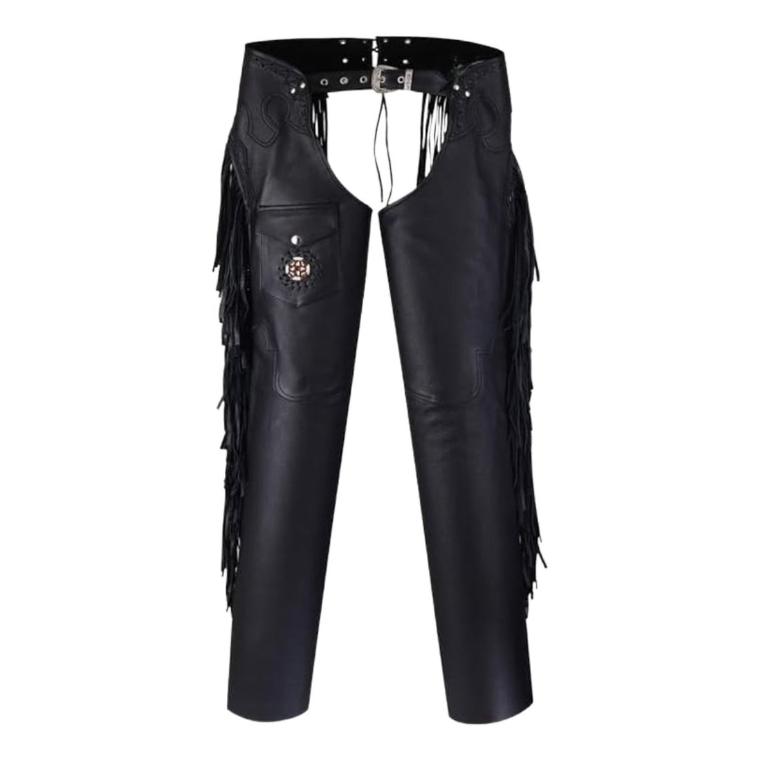 Front view of men’s black leather assless chaps with fringe