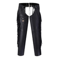 Front view of men’s black leather assless chaps with fringe