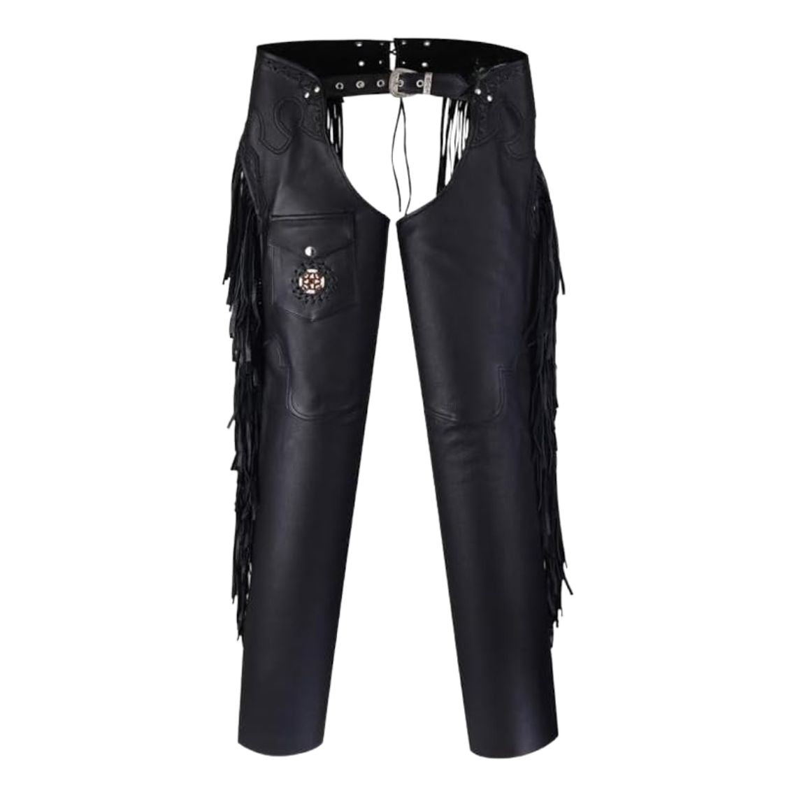 Front view of men’s black leather assless chaps with fringe